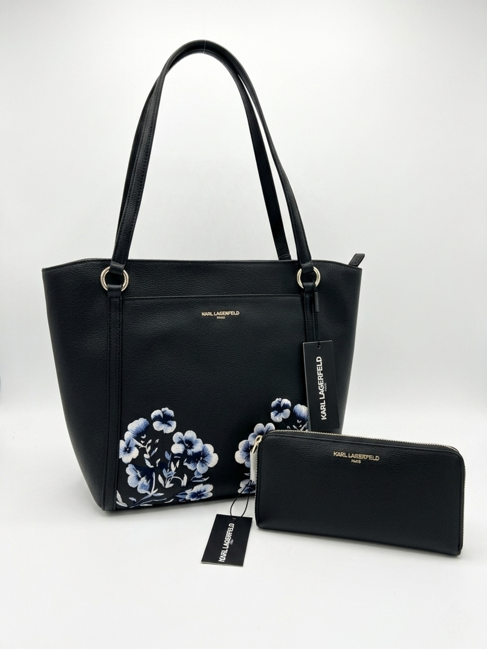 NWT Karl Lagerfeld Paris Tote Bag & Wallet Set – Black with Blue Floral Print